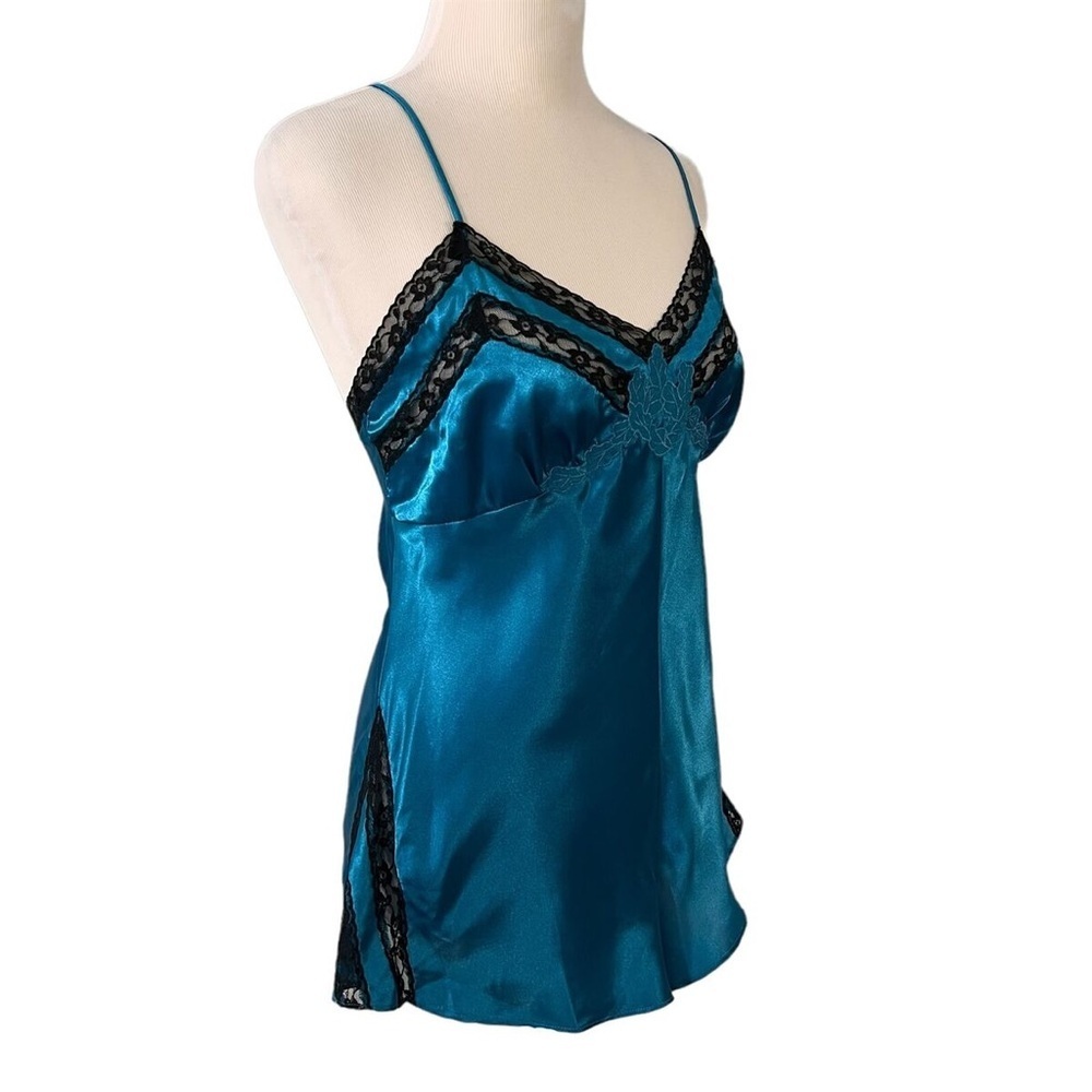 Vintage Victoria's Secret 80's TEAL Blue SATIN and Black Lace Bodysuit Slip XS